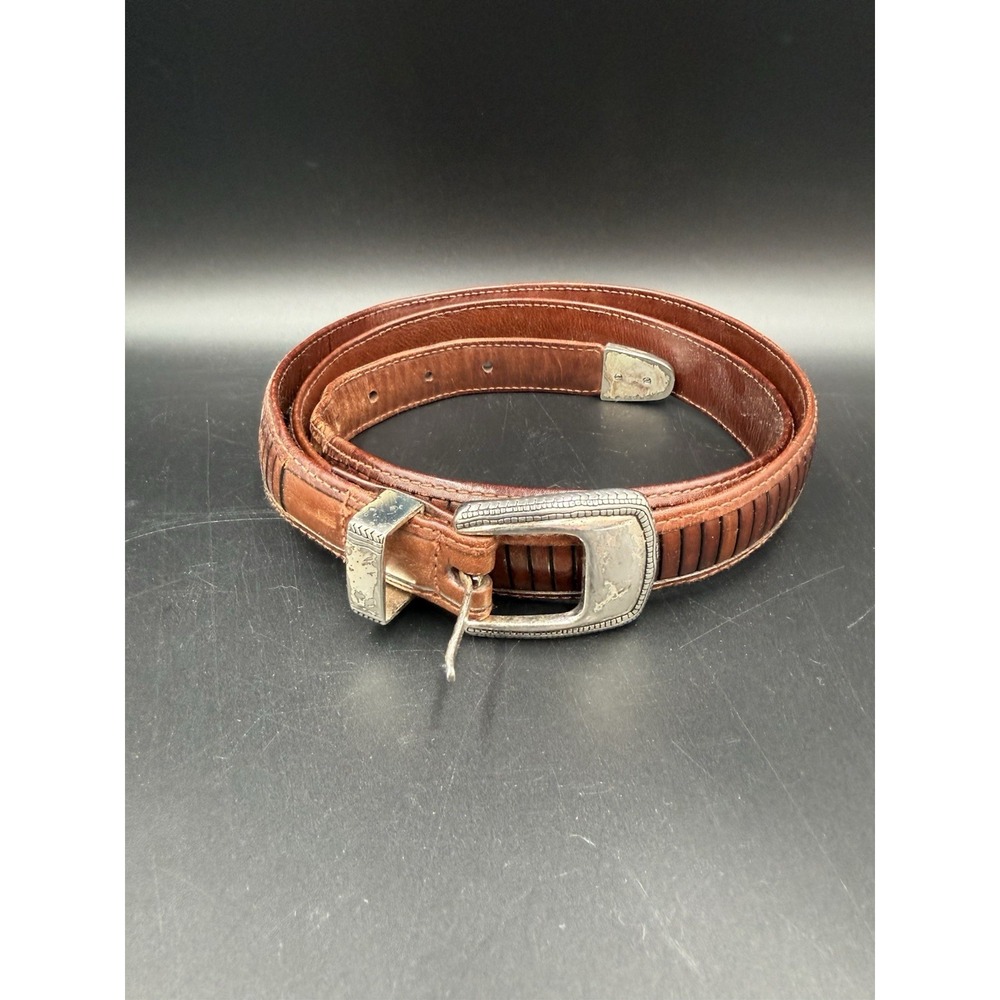 Vintage Ornament Western Brown Leather Belt Sz 42 Engraved Buckle & Keeper